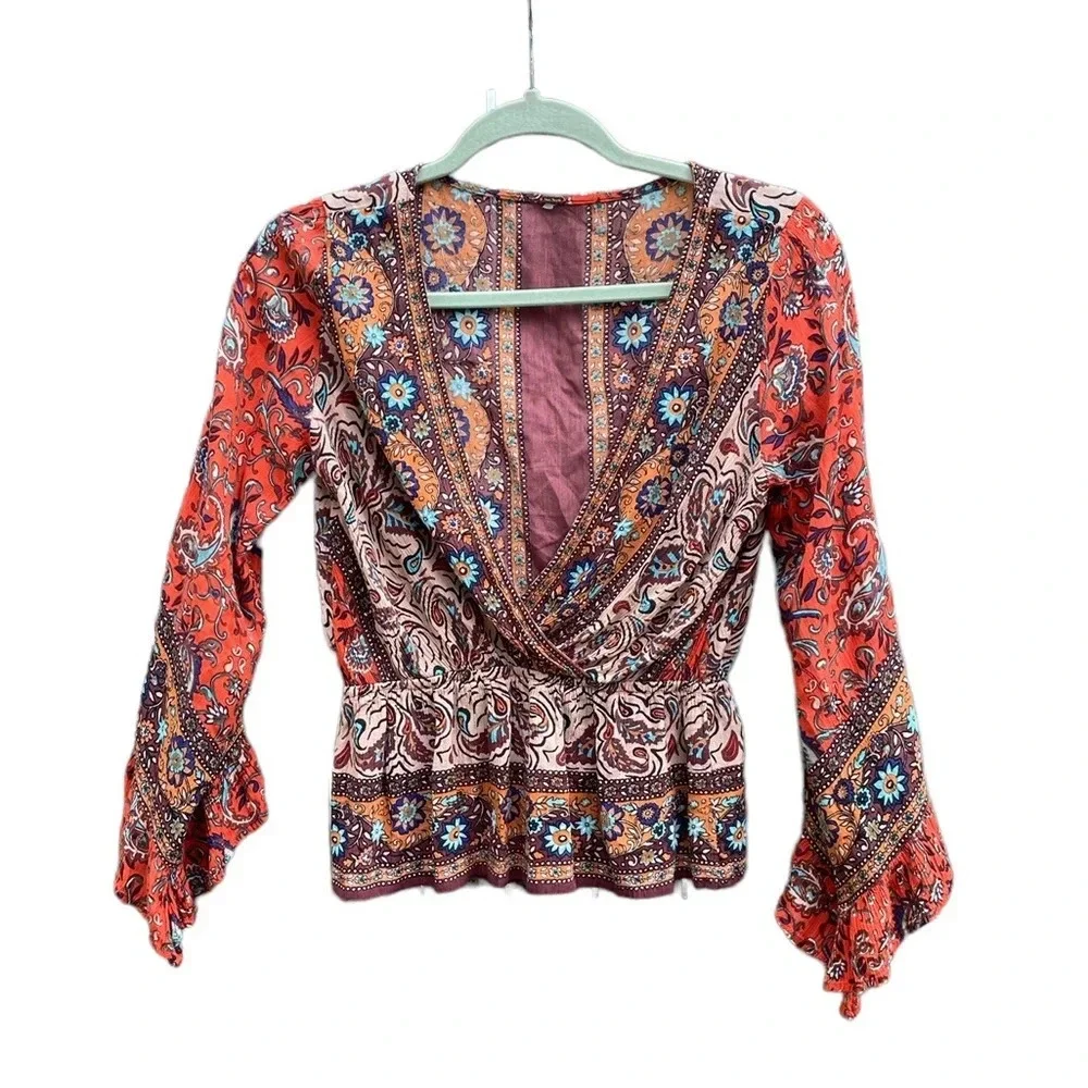 FREE PEOPLE ROSALIE BOHO FLARE SLEEVE WRAP TOP
